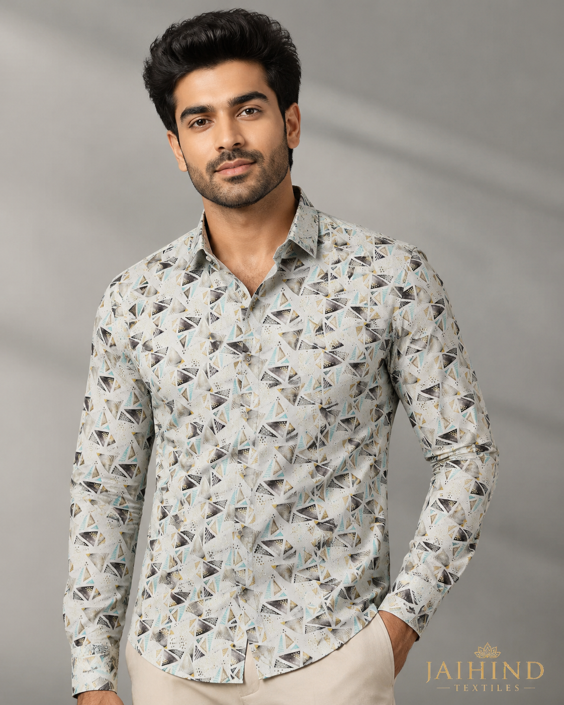 Men's Premium Geometric Print Full Sleeve Casual Shirt – White