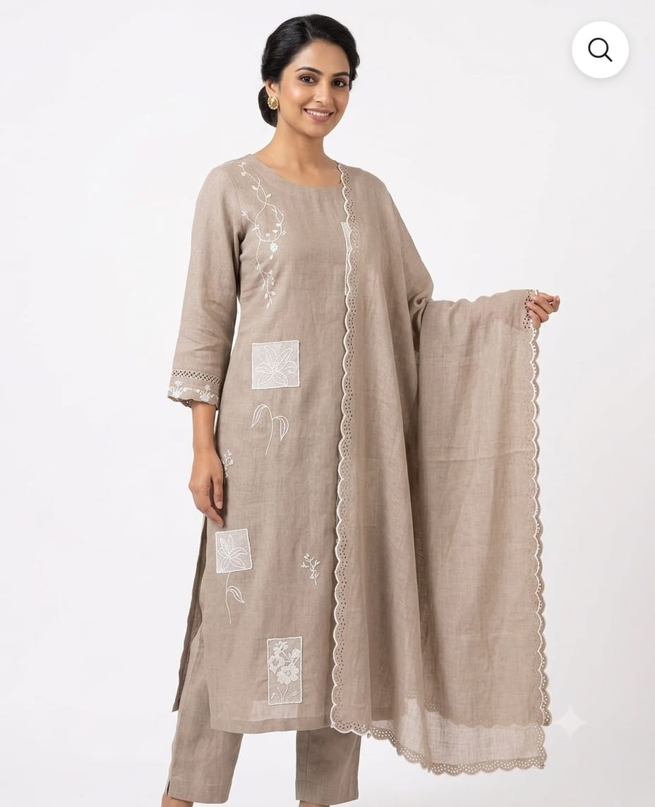 Women's Pastel Light Brown Embroidered Cotton Kurta Pant Set with Dupatta | Ethnic Wear