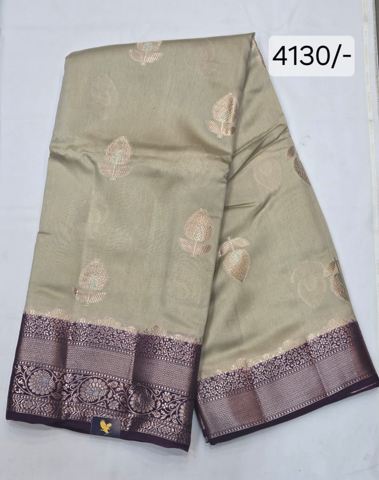 Elegant Beige Banarasi Silk Saree with Floral Zari Border