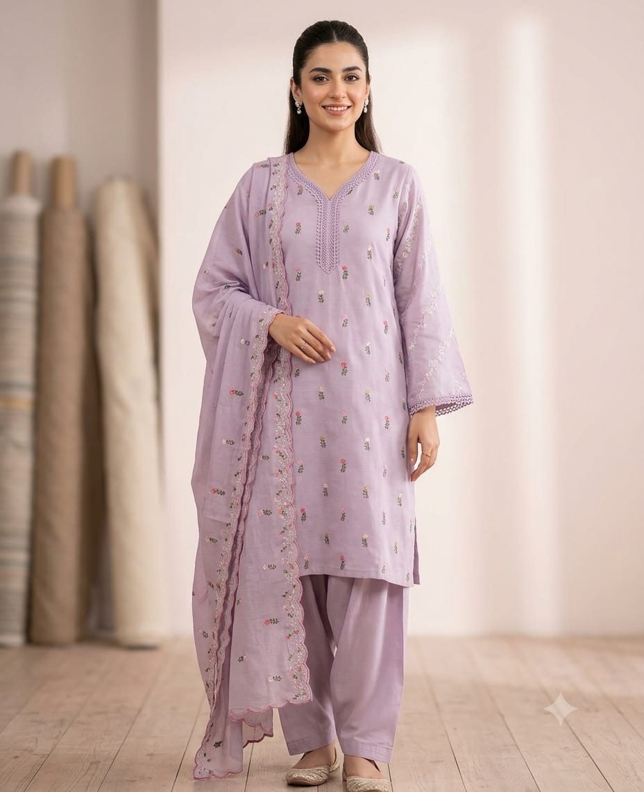 Elegant Lavender Embroidered Cotton Silk Salwar Suit Set with Dupatta
